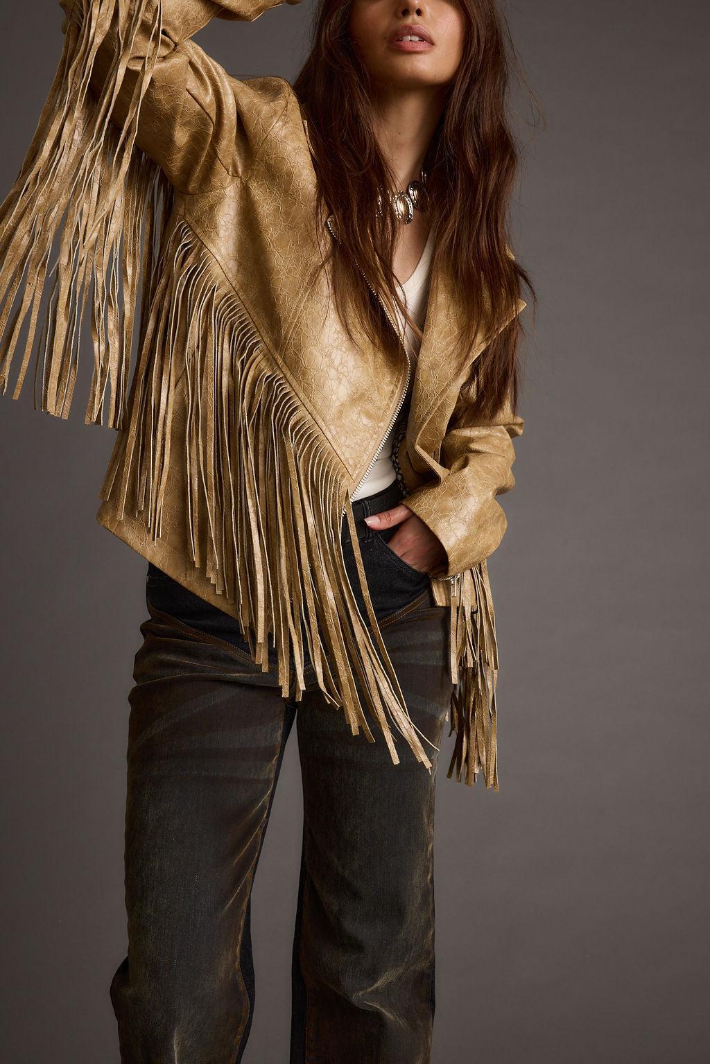 Phoenix Taupe Vegan Leather Moto Fringe Jacket Product Image