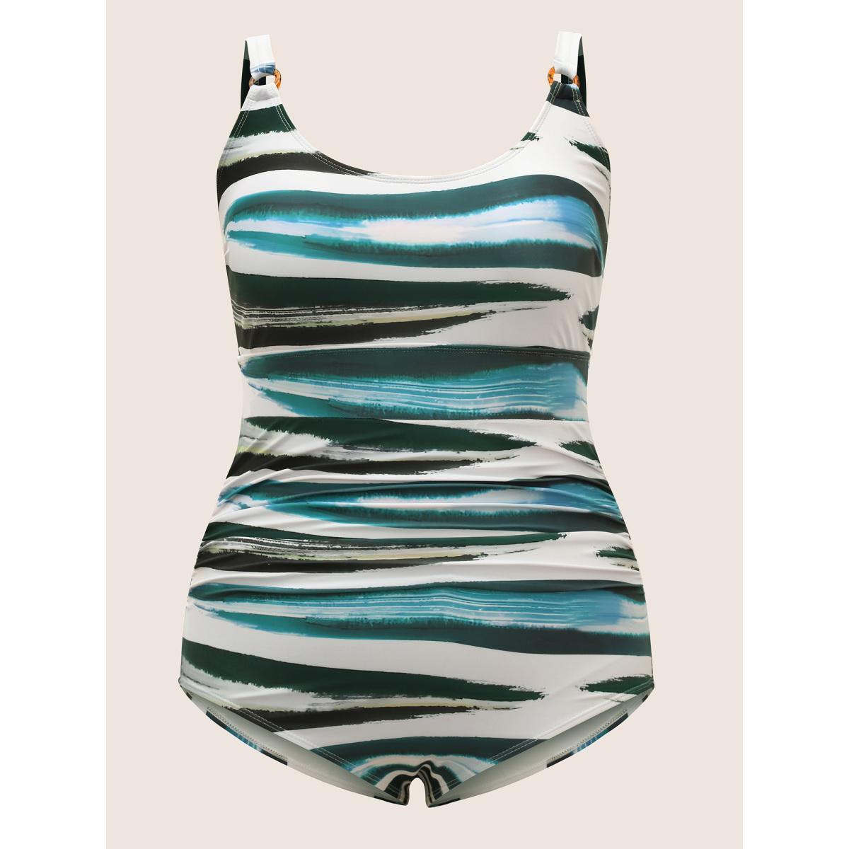 Plus Size Geometric Round Buckle Detail Gathered One Piece Swimsuit Women's Swimwear Teal Beach Gathered Curve Bathing Suits High stretch One Pieces BloomChic 10/M Product Image