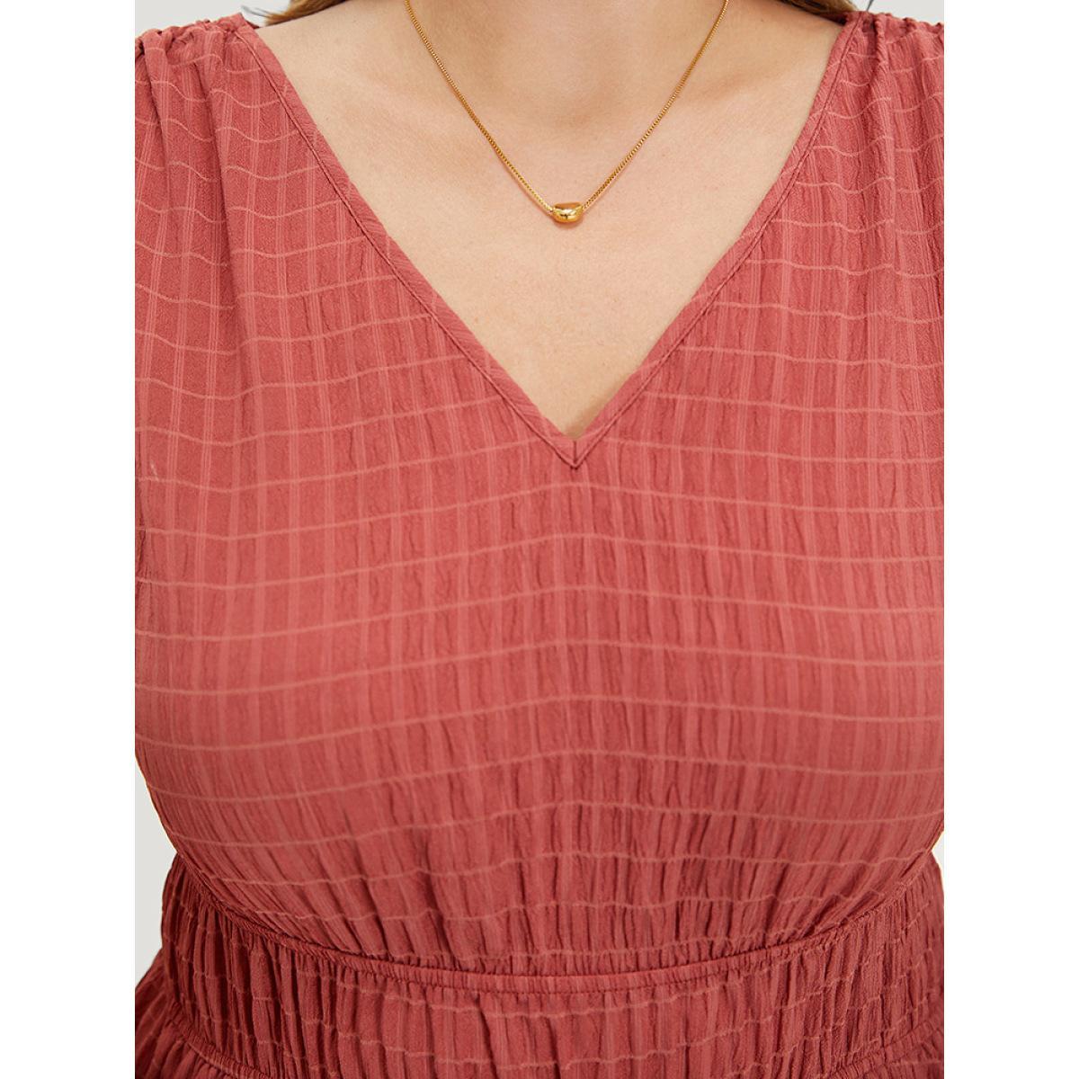 Plus Size V Neck Drawstring Sleeveless Pocket Elastic Waist Dress Coral Women Elegant Gathered V-neck Sleeveless Curvy Midi Dress BloomChic 10/M Product Image