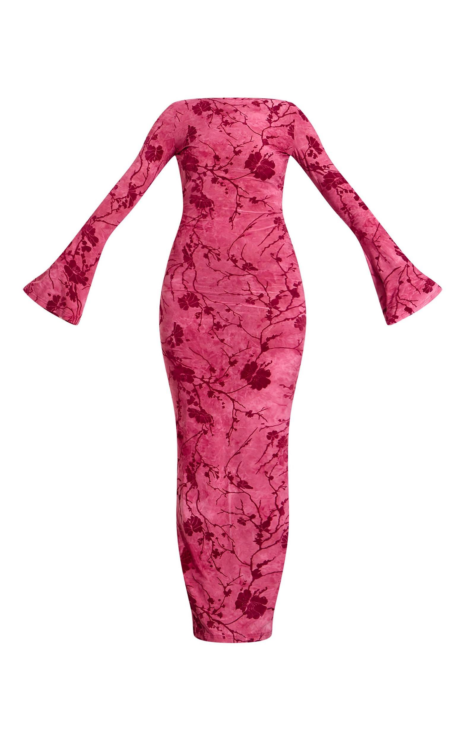 Tall Pink Floral Devore Long Sleeve Tie Waist Maxi Dress Product Image