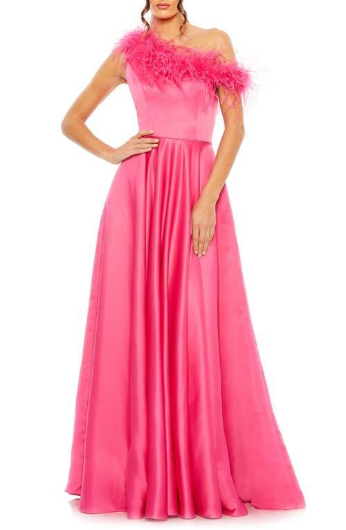 Mac Duggal Satin One Shoulder Sleeveless Feather Trim Gown Product Image