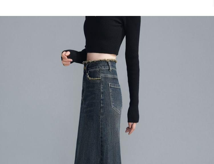 High Rise Washed Tassel Trim Midi A-Line Denim Skirt Product Image