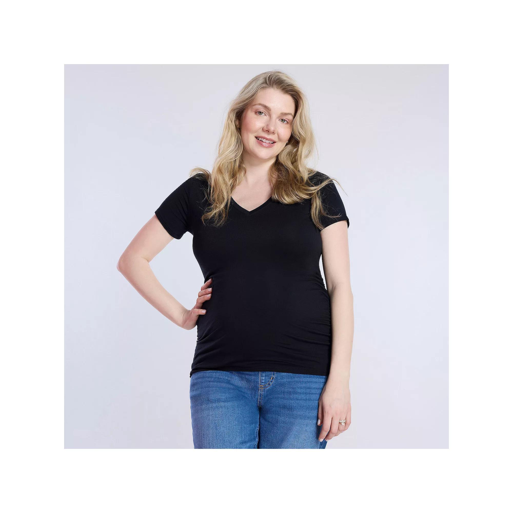 Maternity Motherhood® Side Ruched V-Neck Tee, Women's, Size: Small-Mat, Black Product Image