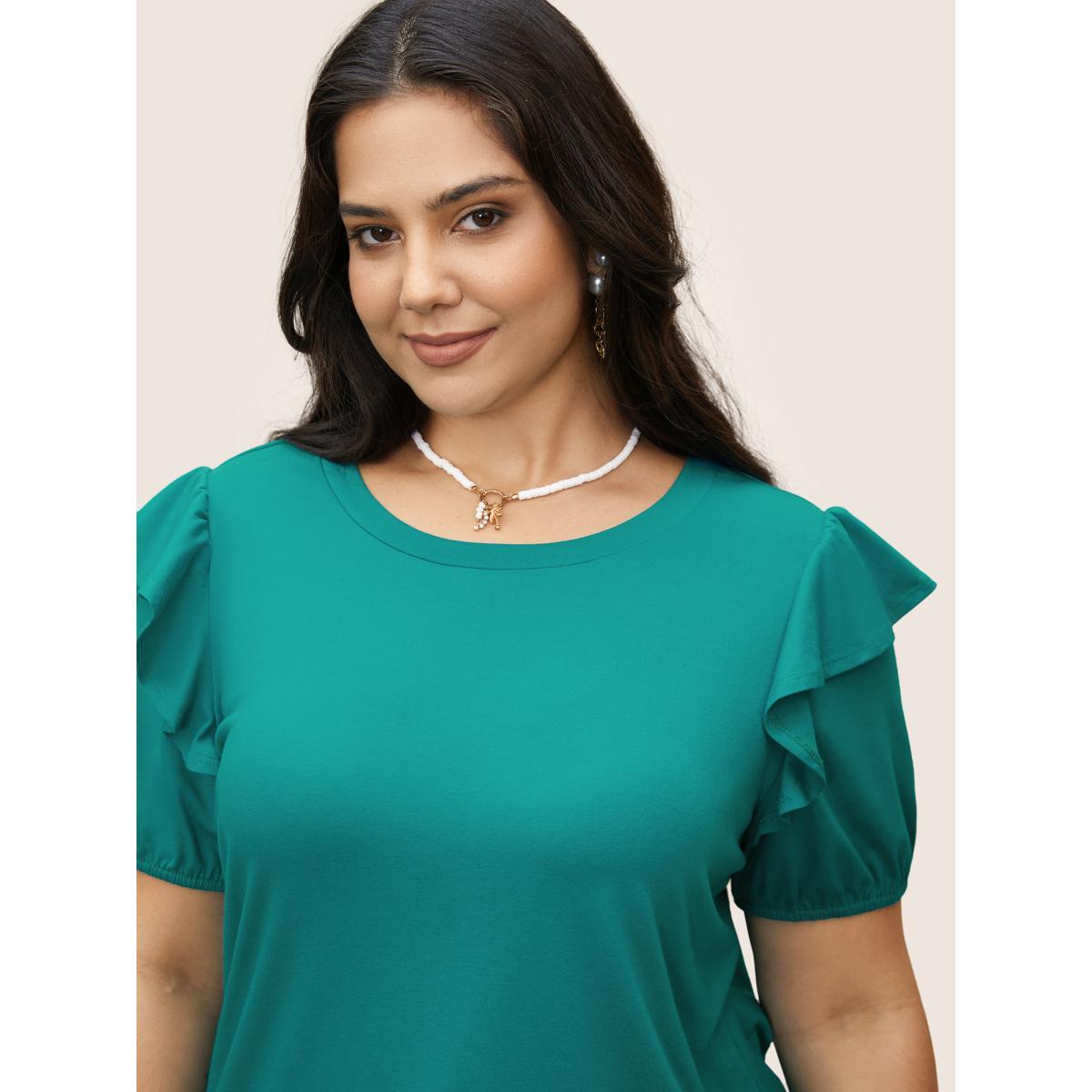 Plus Size Solid Lantern Sleeve Ruffle Trim T-shirt Emerald Women Elegant Ruffles Round Neck Everyday T-shirts BloomChic 18-20/2X Product Image