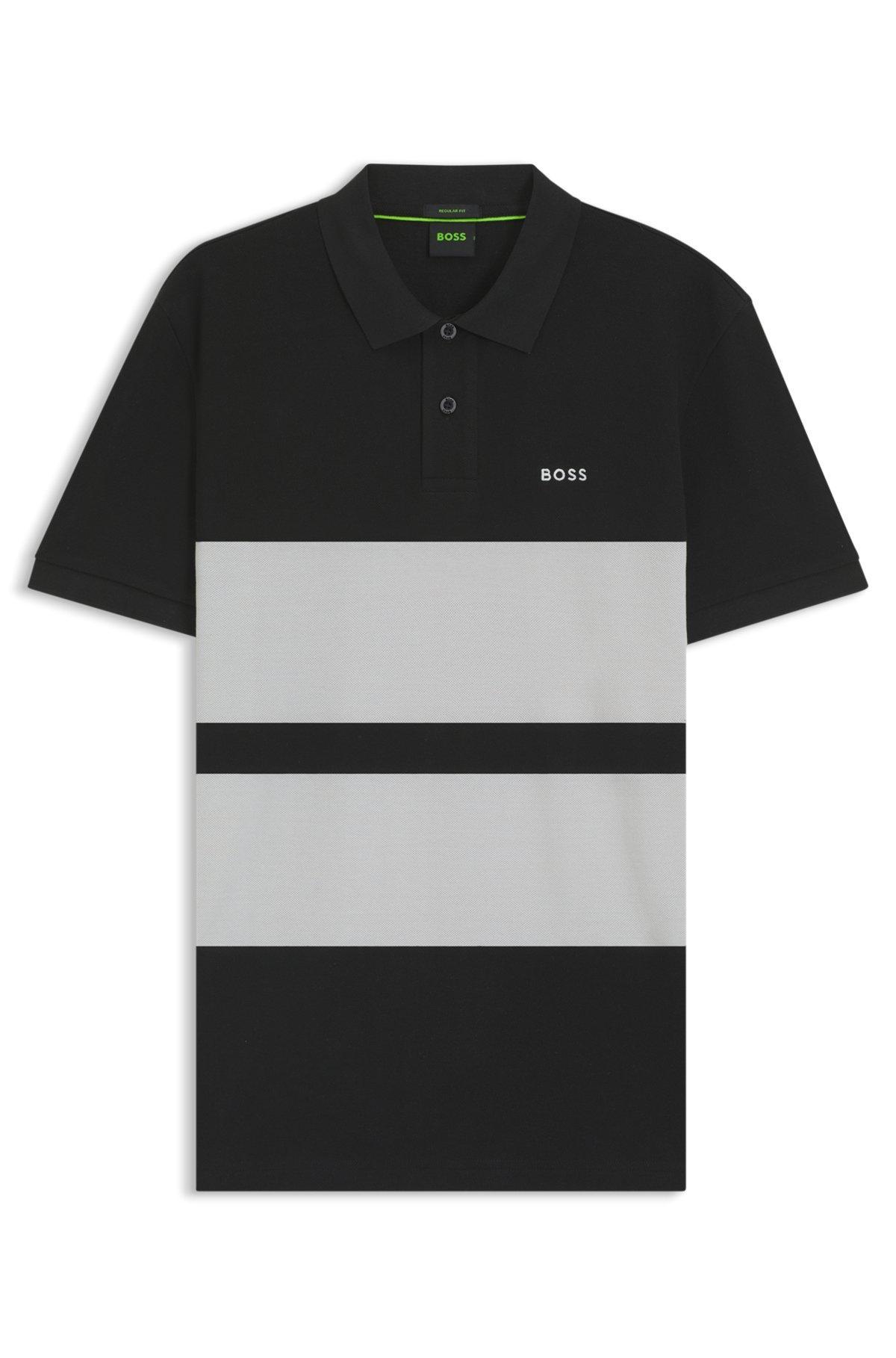 BOSS - Cotton-piqué polo shirt with block stripes - Black Product Image