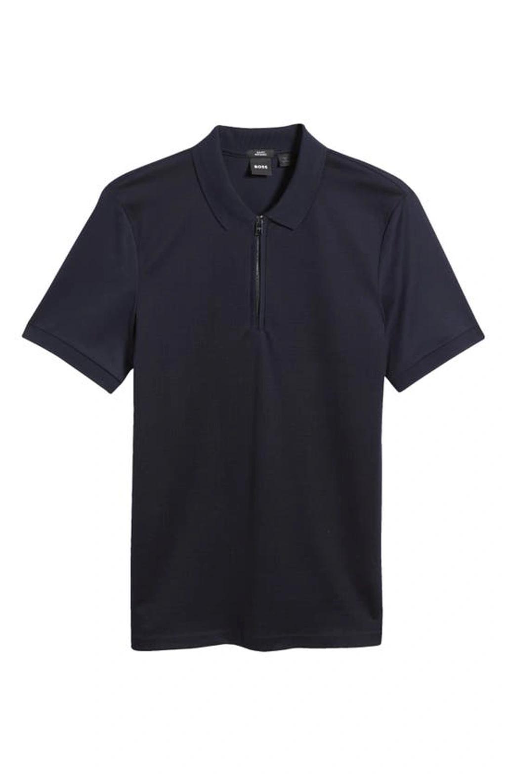 HUGO BOSS Zipped-placket Cotton Polo Shirt In Black Product Image