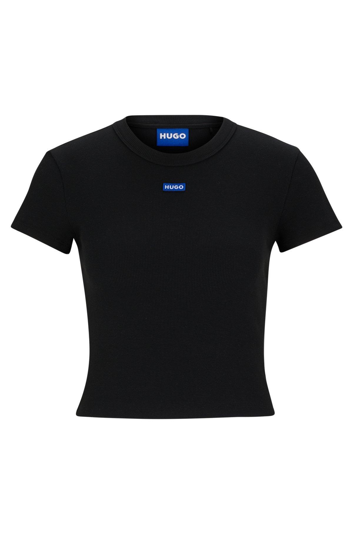 HUGO - Stretch-cotton slim-fit T-shirt with blue logo label - Black Product Image