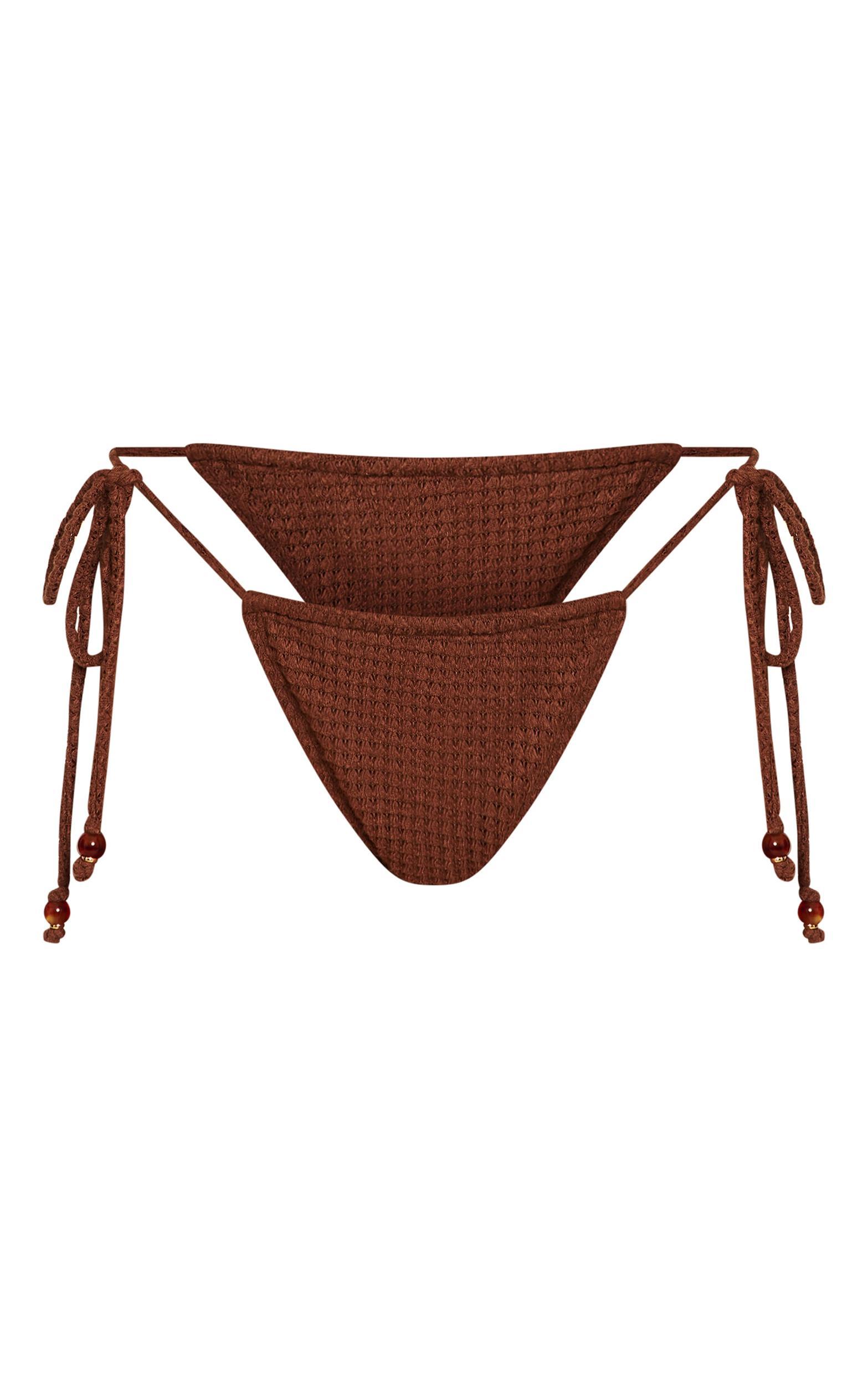  Mocha Crochet Bead Trim String Tie Side Bikini Bottoms Product Image