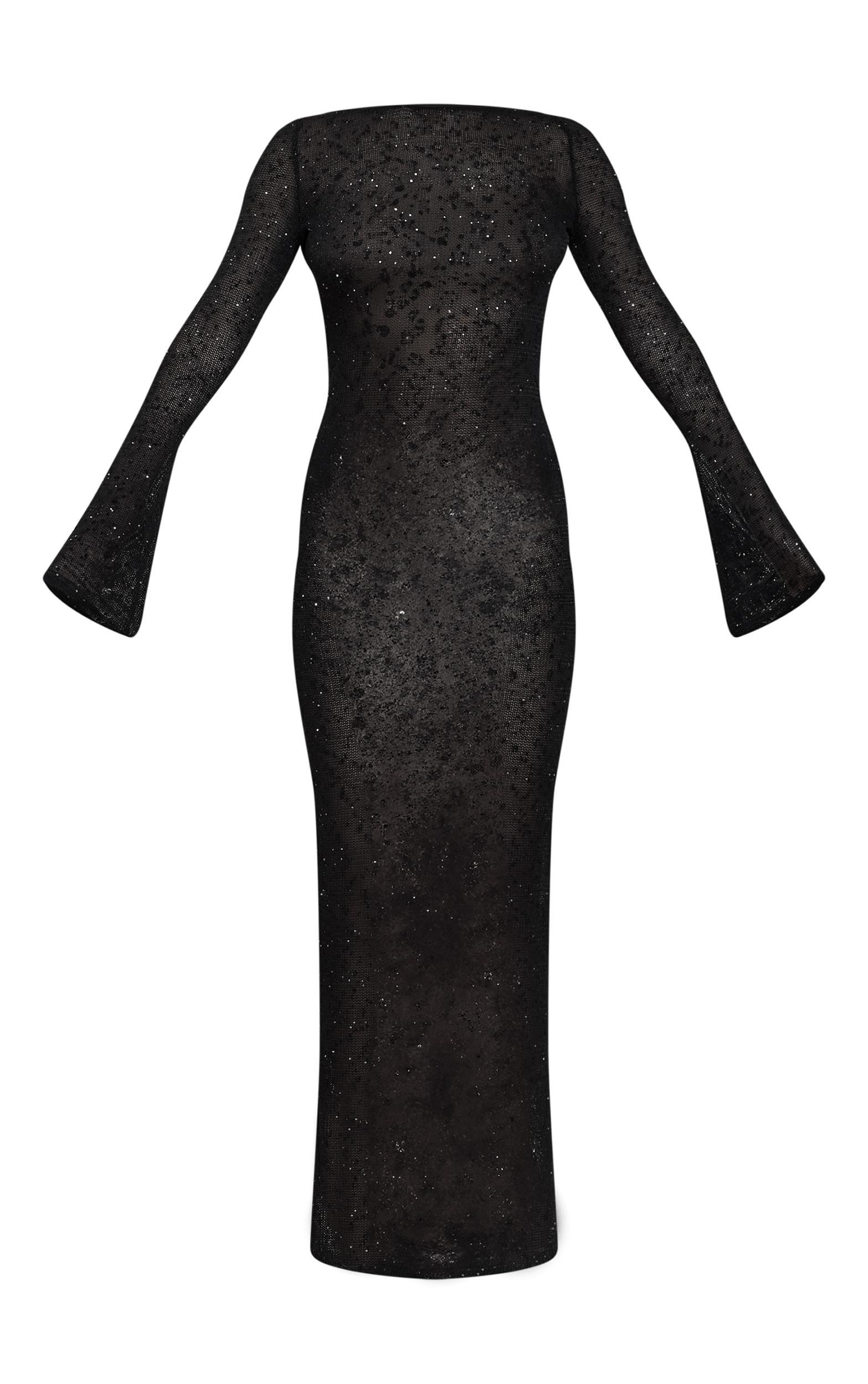 Black Shirred Textured Long Sleeve Backless Midaxi Dress Product Image