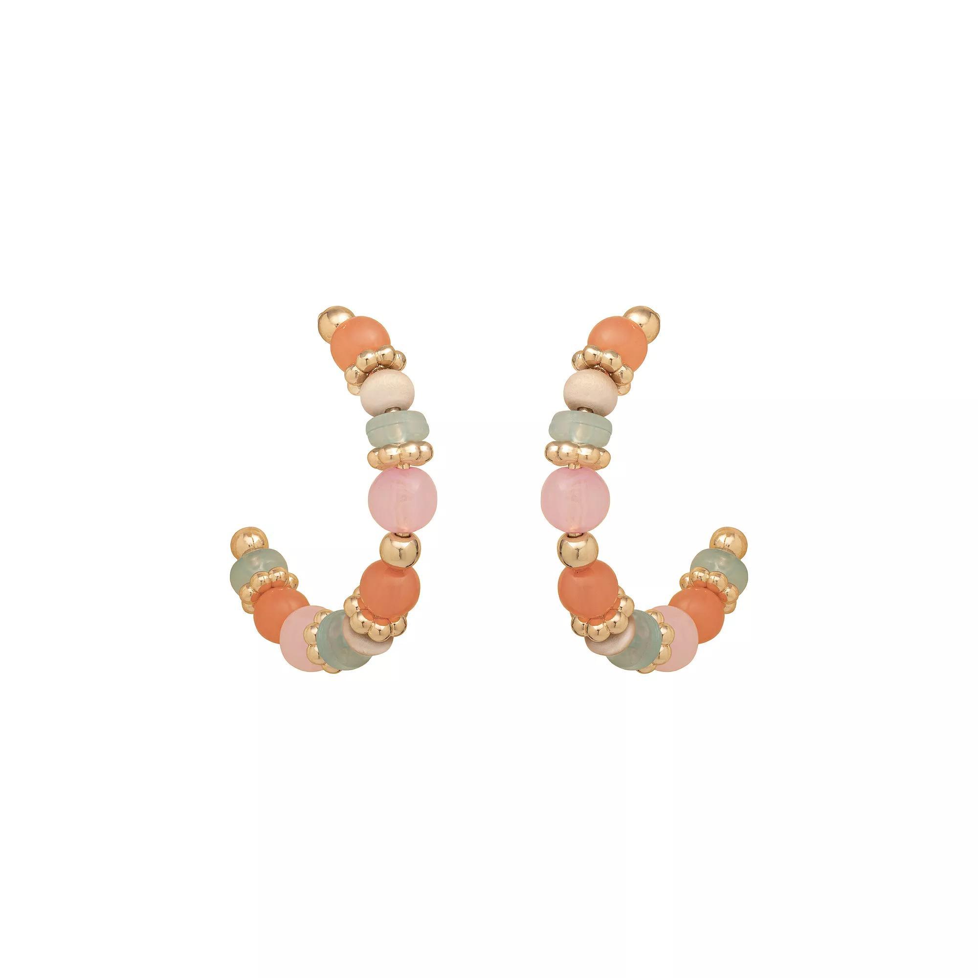 Emberly Gold Tone Wood & Bead Detailed Hoop Earrings, Women's, Multi Product Image