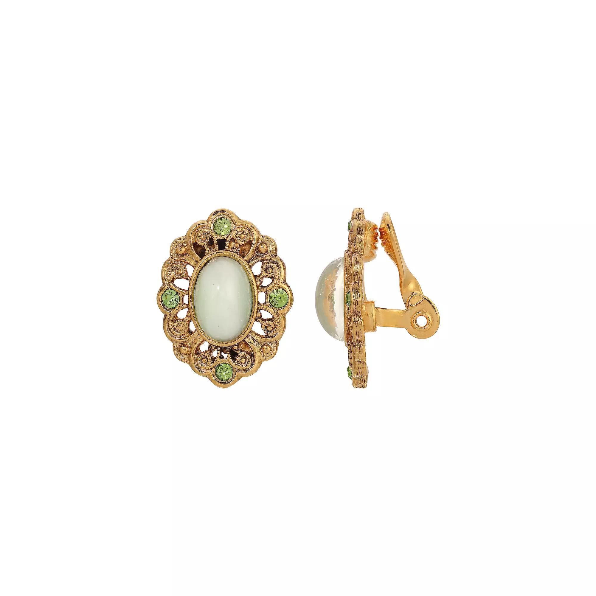 1928 Gold Tone Light Green Stone Oval Clip Earrings, Womens Product Image