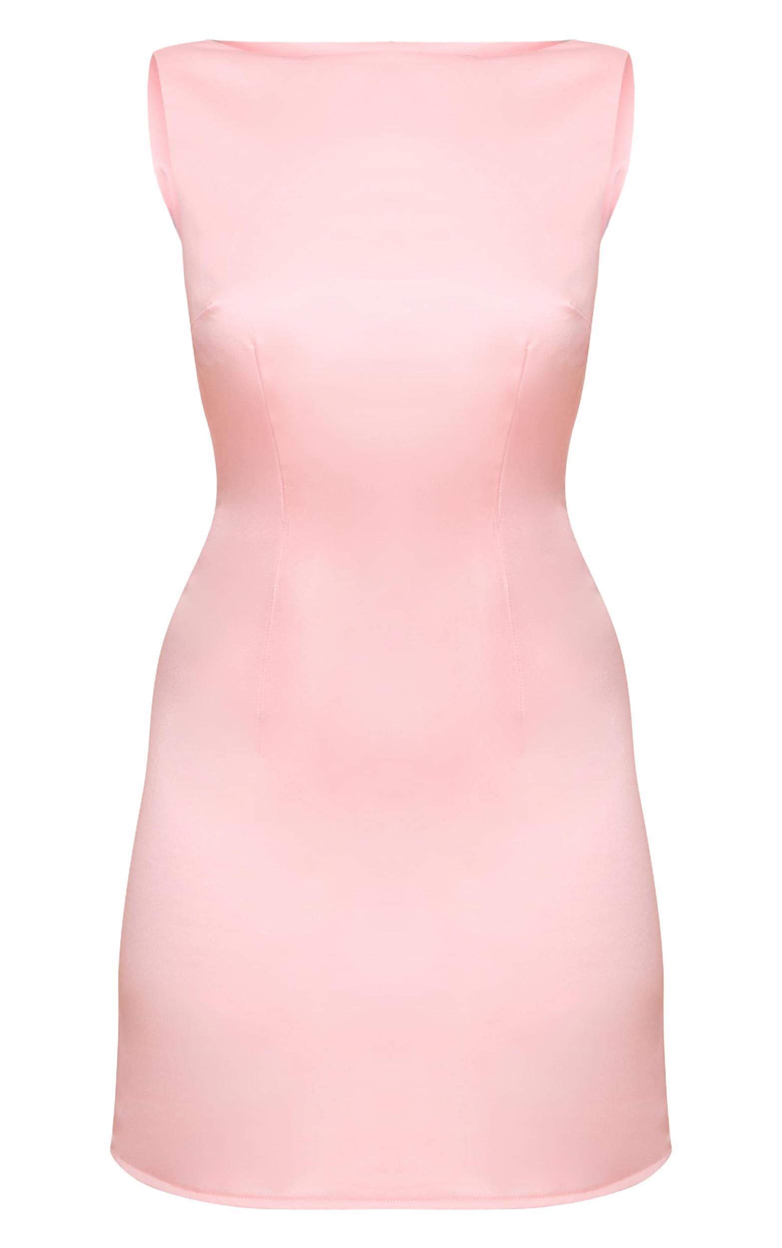 Pink Satin Boat Neck Mini Dress Product Image