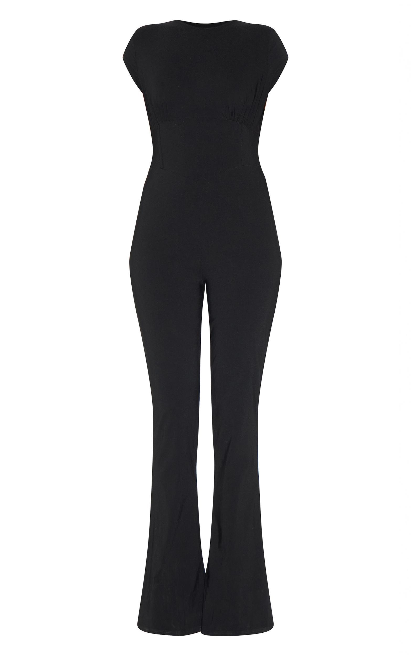 Black Stretch Woven Corset Detail Cap Sleeve Flared Jumpsuit Product Image