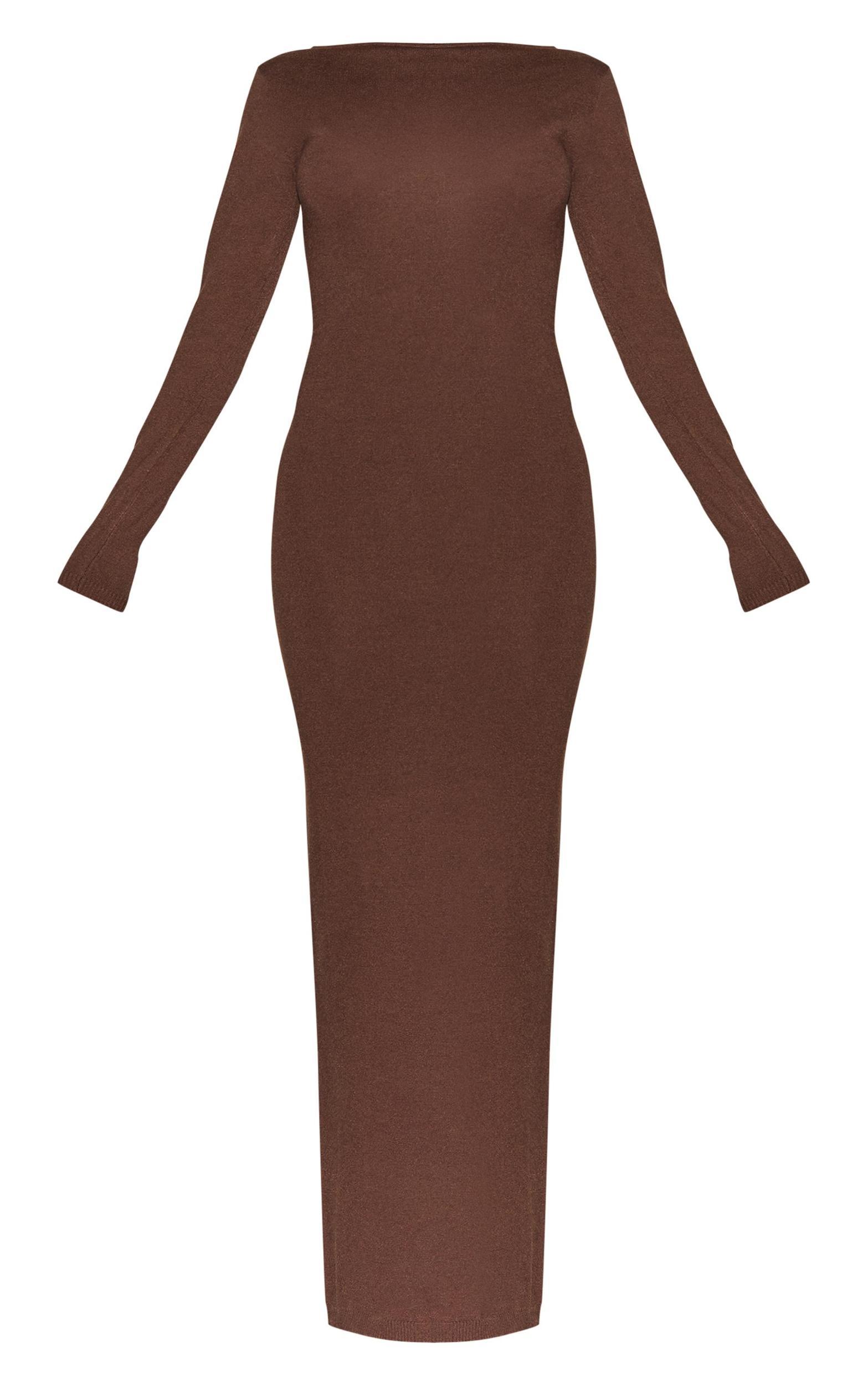 Chocolate Basic Knit Asymmetric Neckline Long Sleeve Maxi Dress Product Image