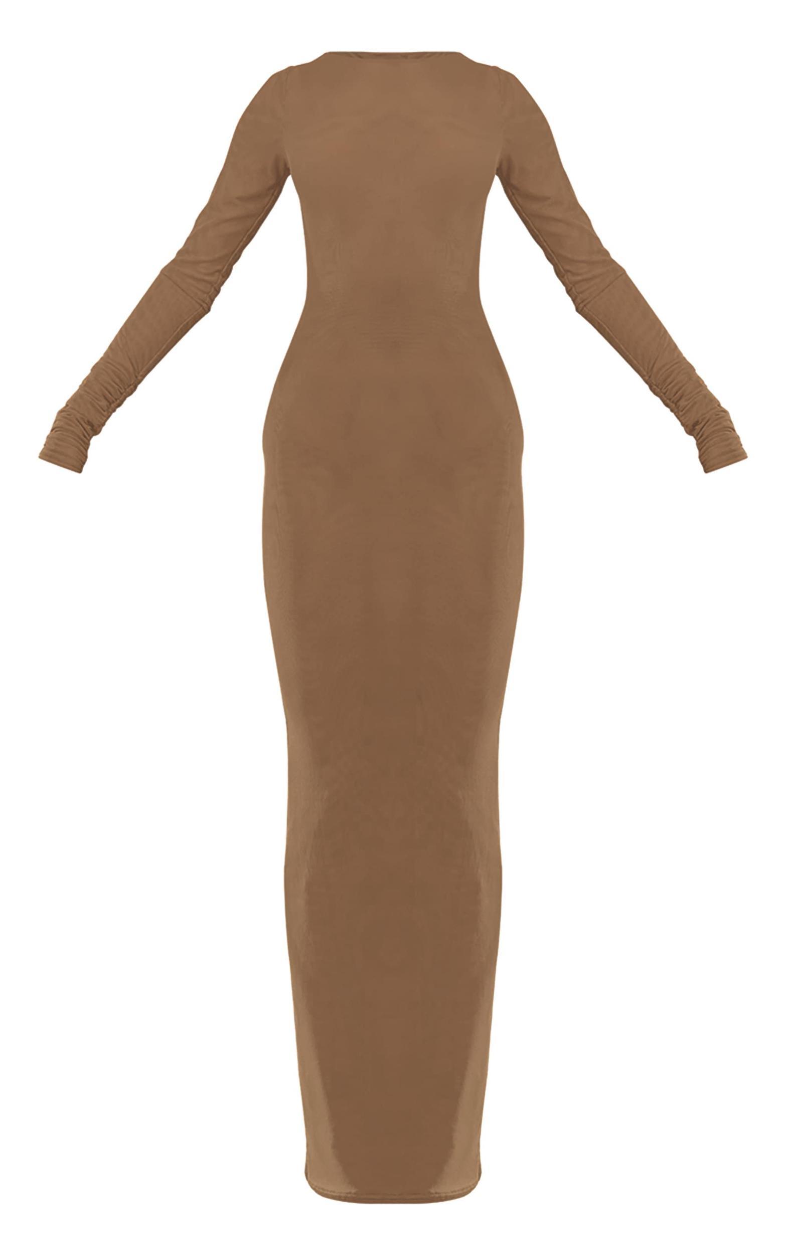 PLT Label Taupe Double Layer Mesh Ruched Sleeve Detail Maxi Dress Product Image