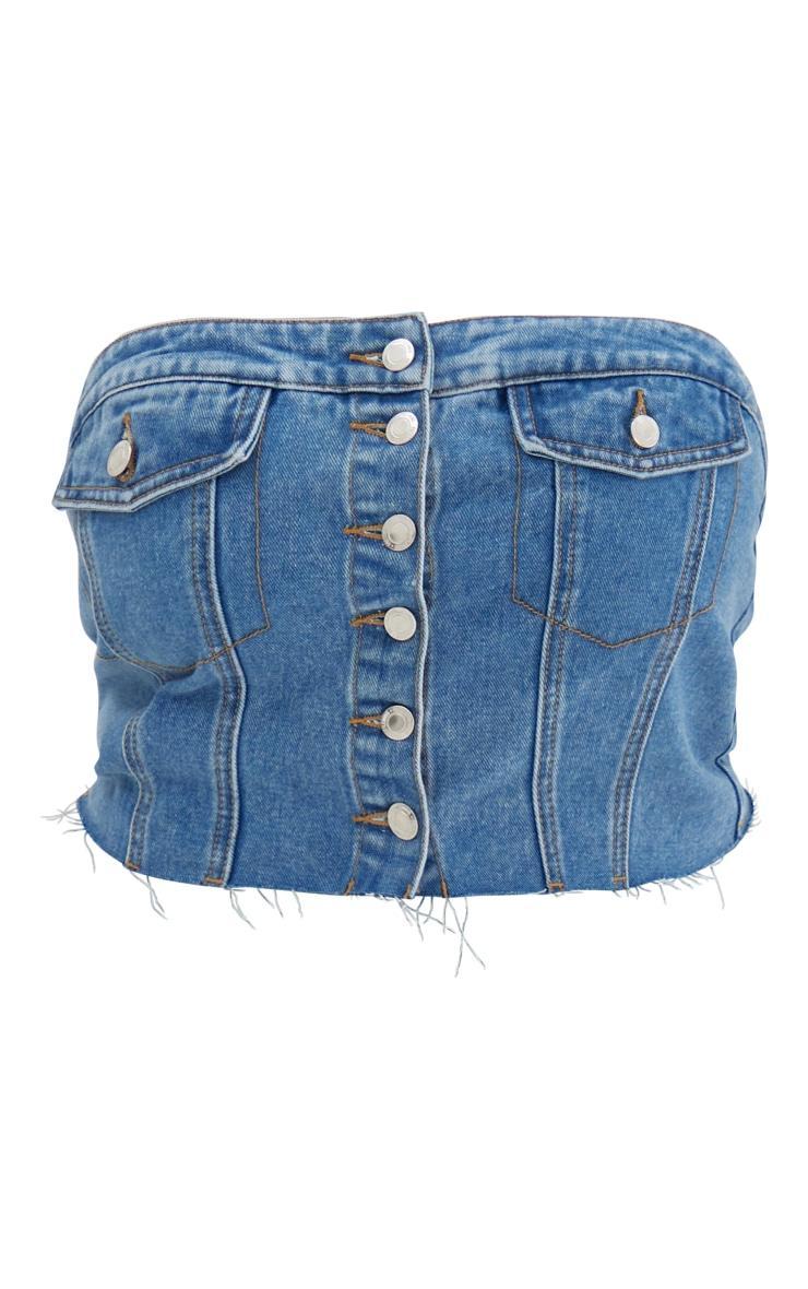 Plus Mid Blue Wash Corset Button Up Crop Top Product Image
