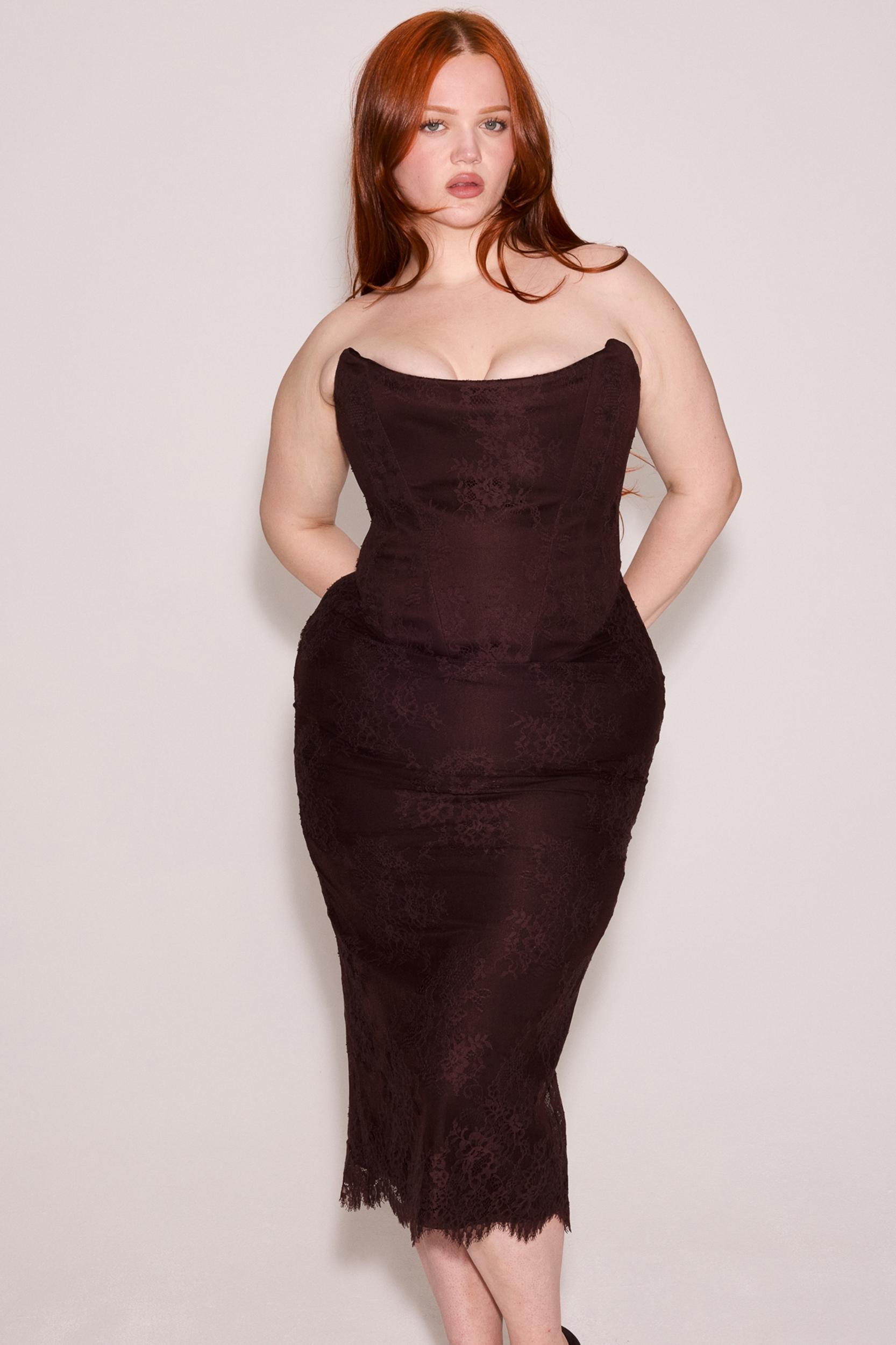 Larra  bitter chocolate lace corset midi dress & bolero Product Image