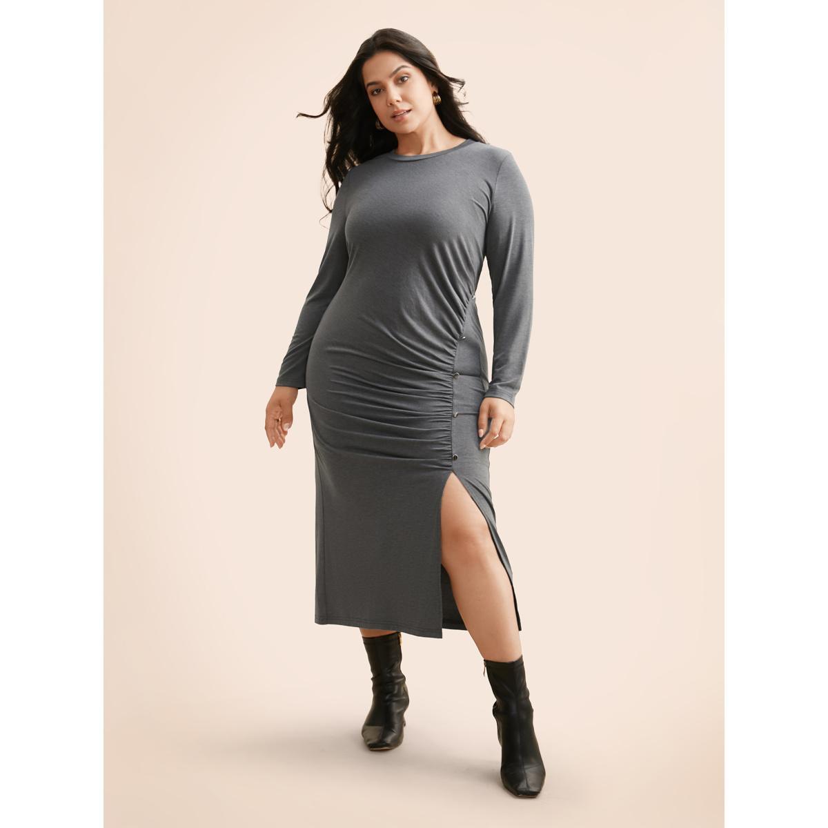 Plus Size Solid Ruched Split Hem Dress DimGray Women Elegant Gathered Round Neck Long Sleeve Curvy BloomChic 30/6X Product Image