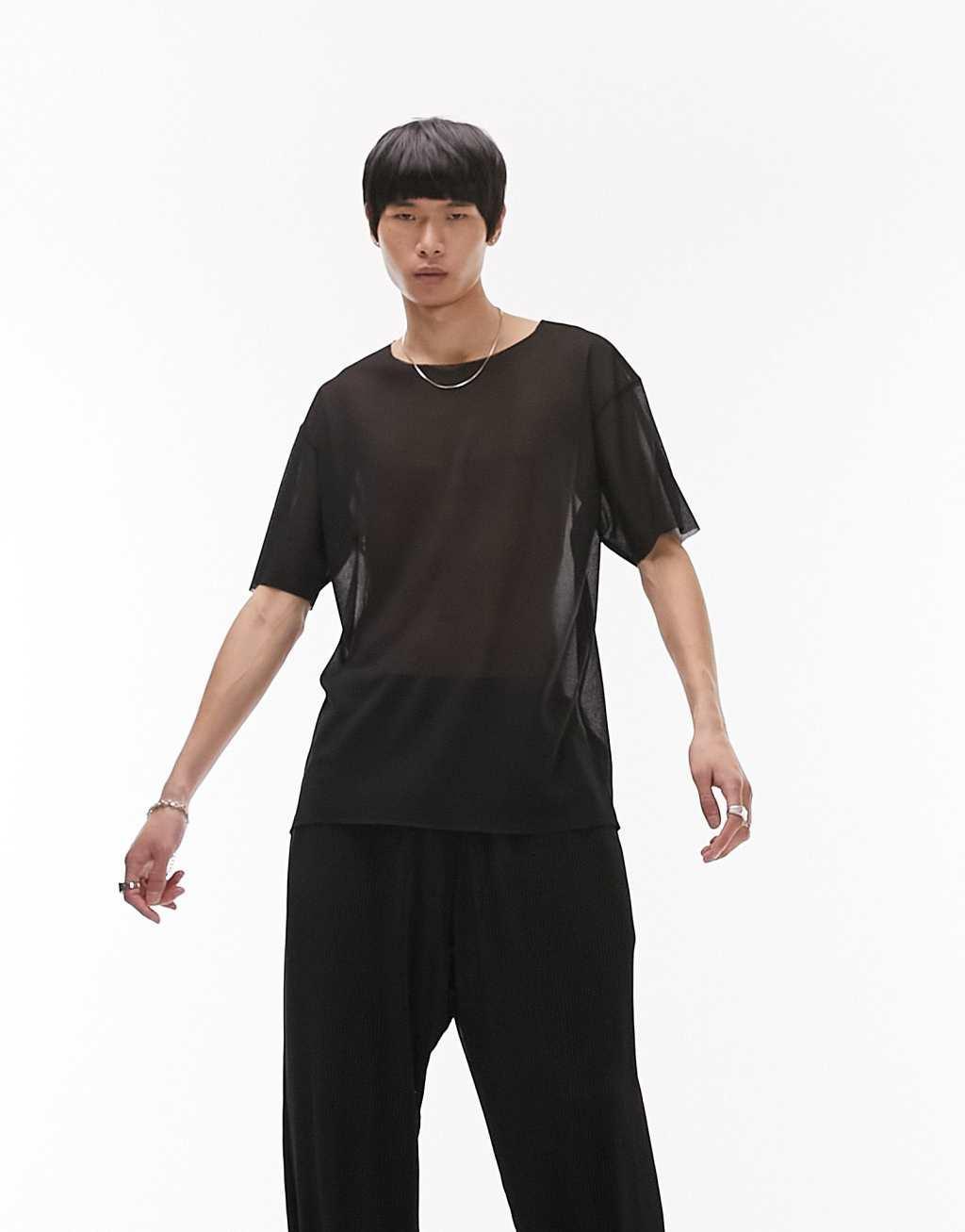 Topman oversized fit mesh t-shirt in black Product Image