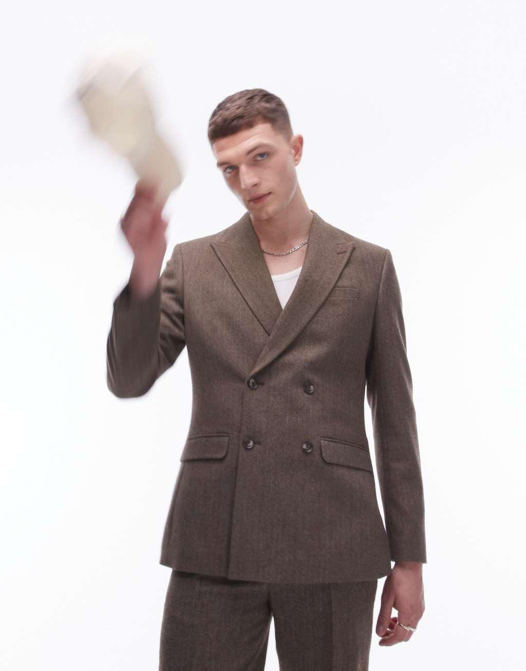 Topman slim herringbone suit jacket in brown Product Image
