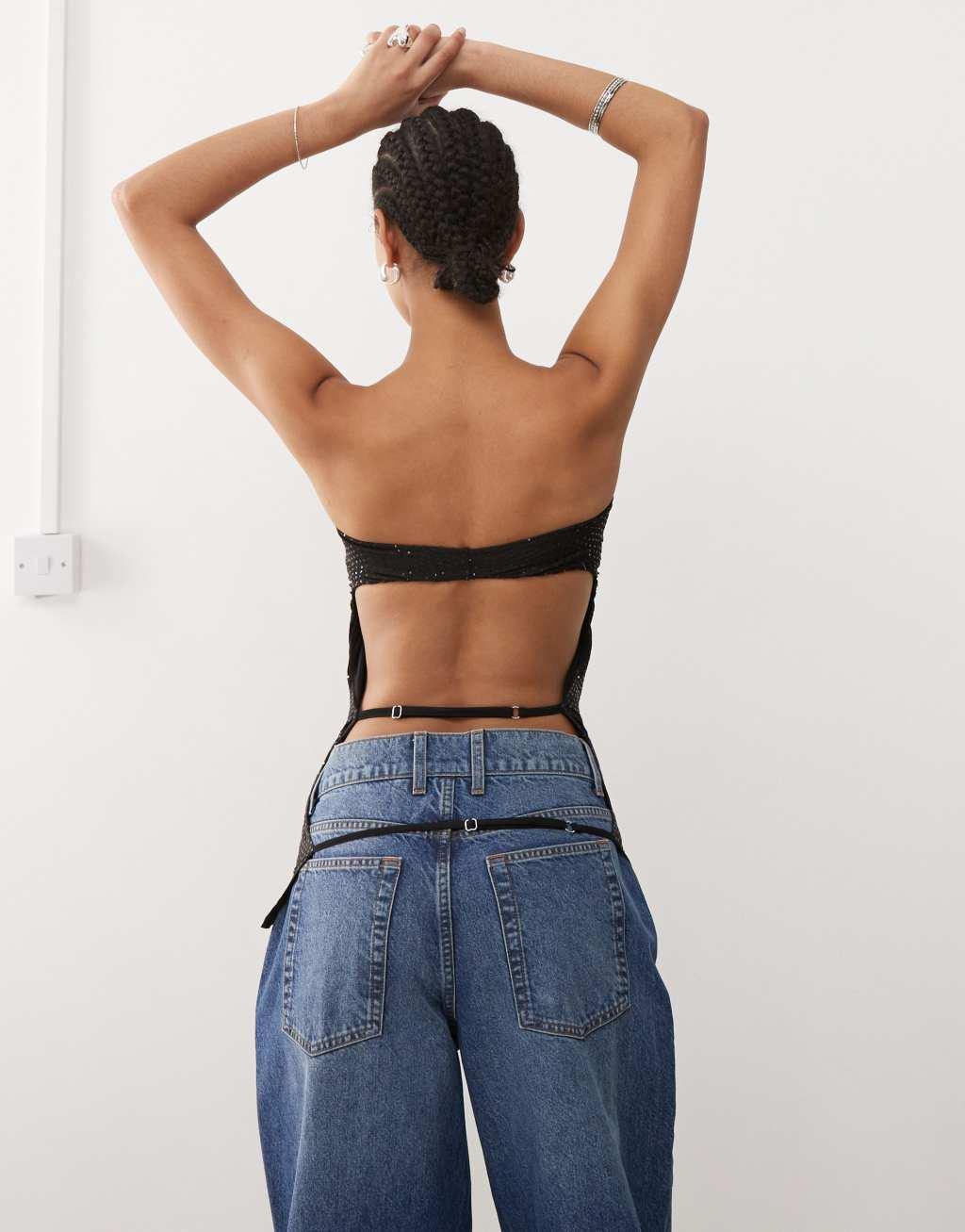 COLLUSION halter neck backless top in retro sequin in black Product Image