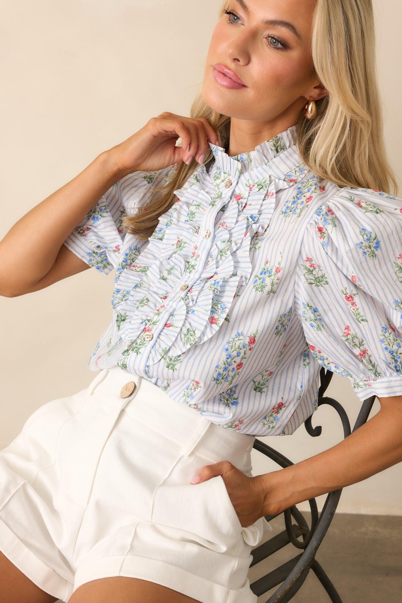 Things Happen Light Blue Stripe Floral Cotton Button Front Top Product Image