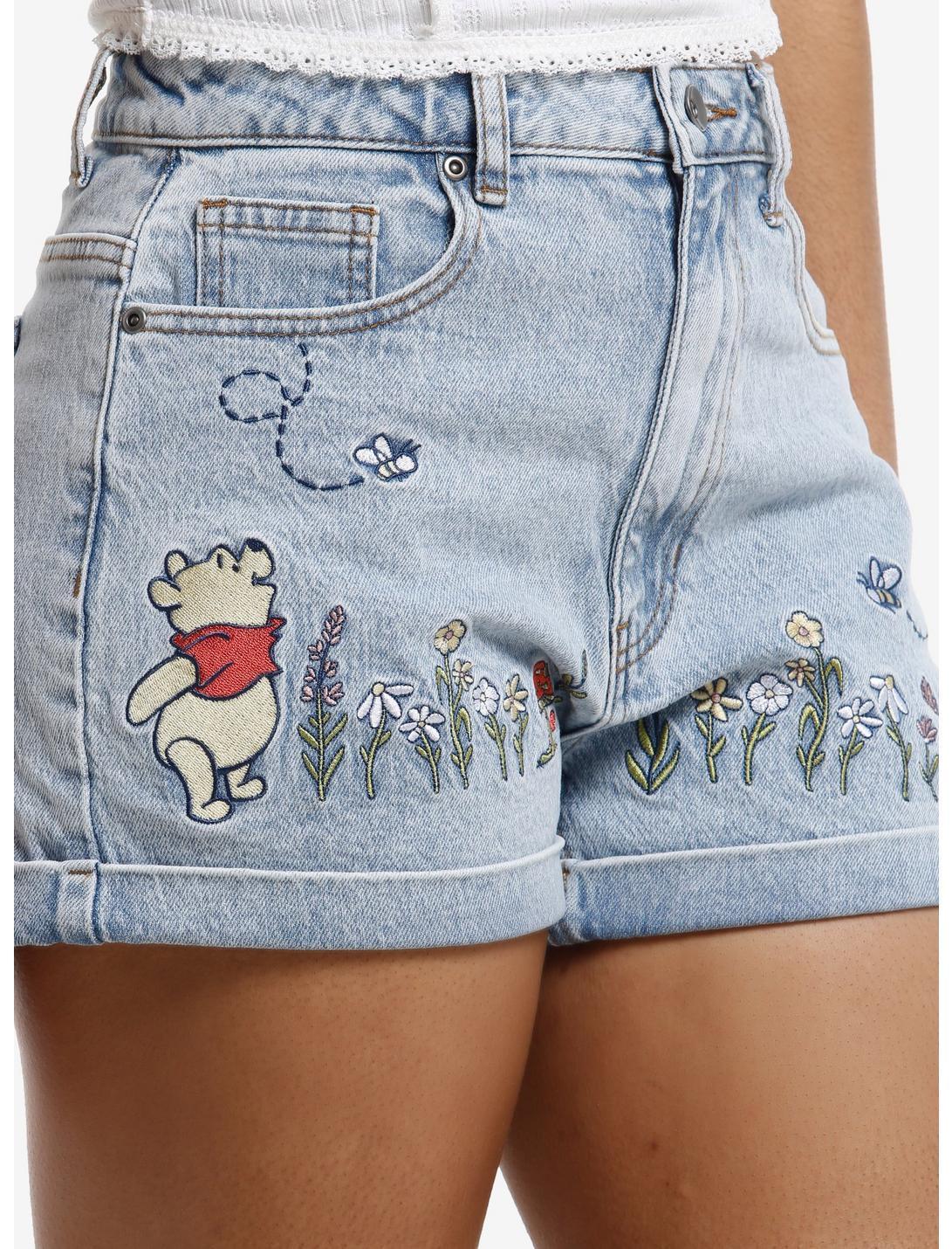 Her Universe Disney Winnie The Pooh Flower Embroidered Denim Mom Shorts Product Image