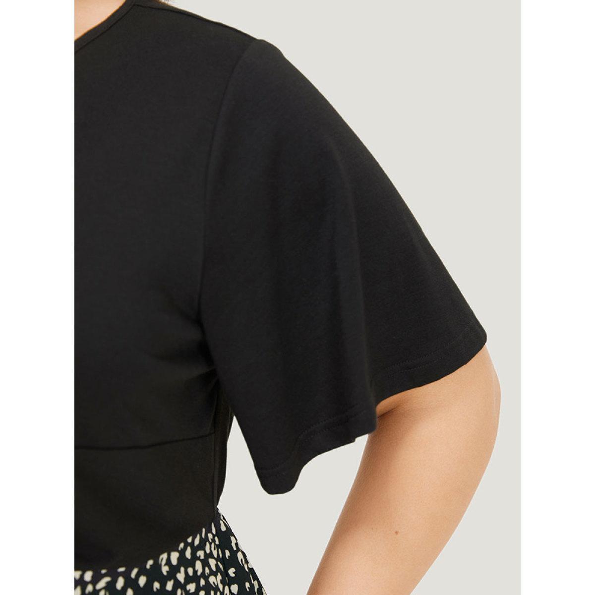 Plus Size Black Leopard Patchwork Twist Ruffle Sleeve Blouse Women Elegant Short sleeve V-neck Dailywear Blouses BloomChic 12/L Product Image