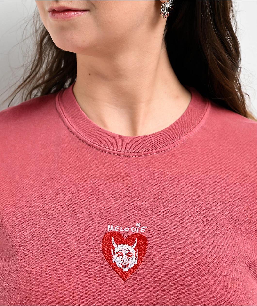 Melodie Cold Hearted Embroidered Boxy Red T-Shirt Product Image