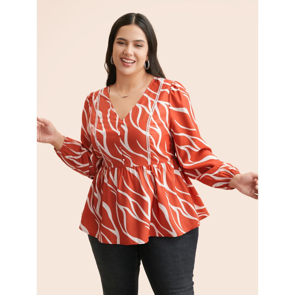 Plus Size OrangeRed Geometric Contrast Webbing Button Detail Blouse Women At the Office Long Sleeve V-neck Work Blouses BloomChic 18-20/2X Product Image