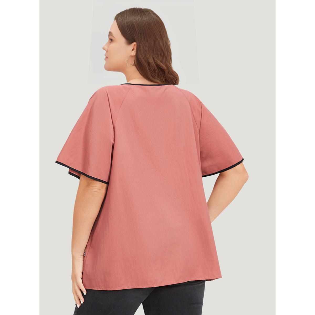 Plus Size Rouge Contrast Trim Plicated Detail Ruffle Sleeve Keyhole Blouse Women Elegant Short sleeve Keyhole Cut-Out Dailywear Blouses BloomChic 18-20/2X Product Image