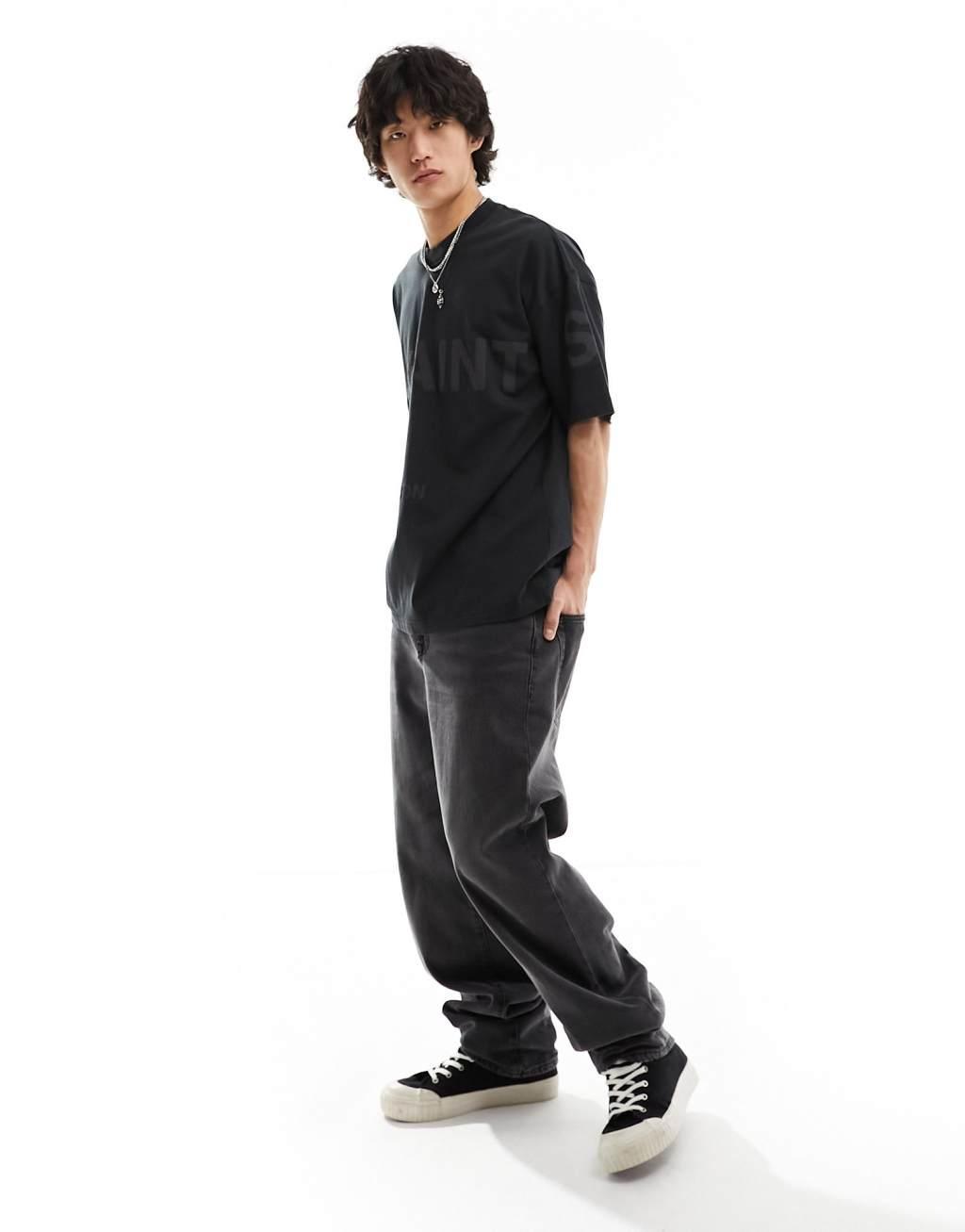 AllSaints Biggy tonal logo oversized T-shirt in black Product Image
