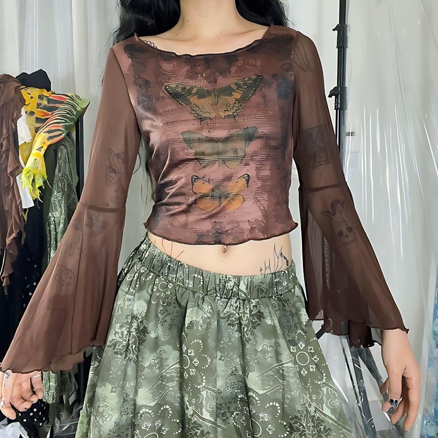 Bell Sleeve Butterfly Print Mesh Panel Slim-Fit Crop Top Product Image