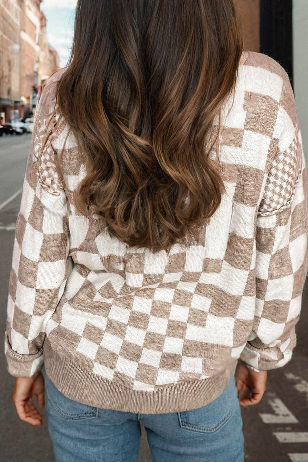 Checkered Print Drop Shoulder Round Neck Sweater - 2 Colors Available Product Image