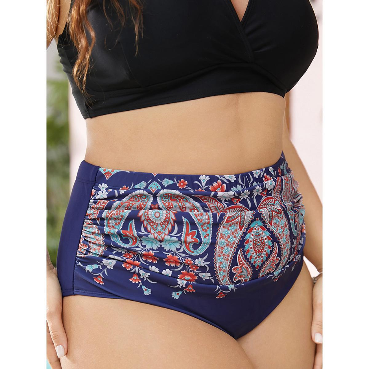 Plus Size Paisley Print Ruched Front Swim Bottom Women's Swimwear Navy Vacation Gathered High stretch Skinny High Rise Curve Swim Bottoms BloomChic 12/L Product Image