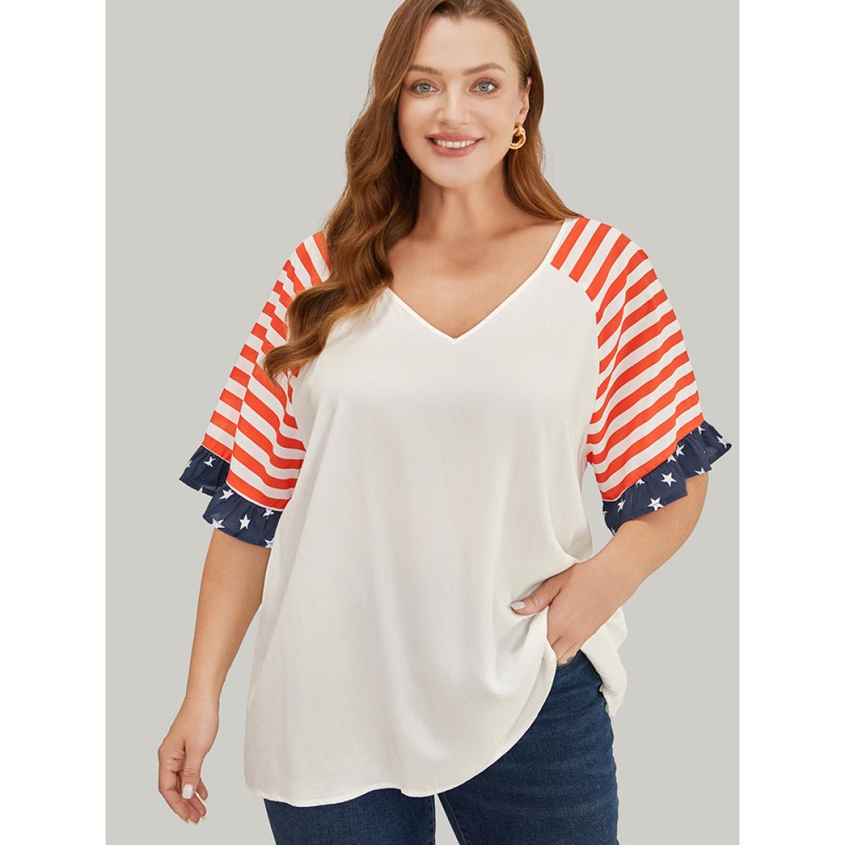 Plus Size White Star & Striped Print Raglan Sleeve Ruffle Trim Blouse Women Elegant Half Sleeve V-neck Dailywear Blouses BloomChic 10/M Product Image
