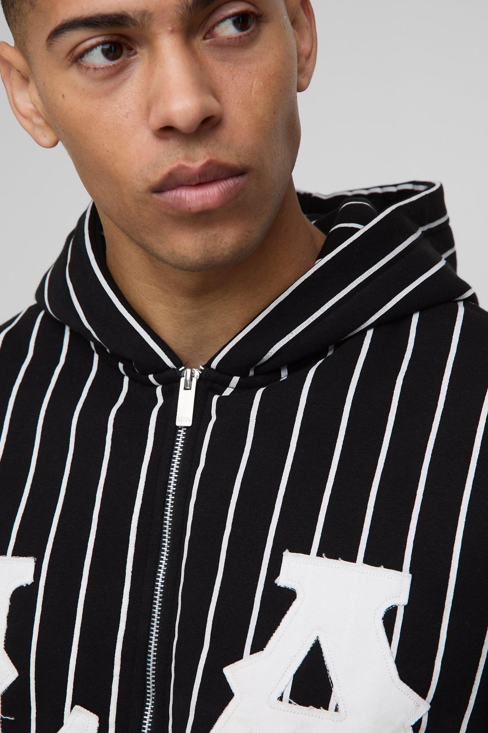 Oversized Boxy LA Applique Pinstripe Zip Through Hoodie | boohooMAN USA Product Image