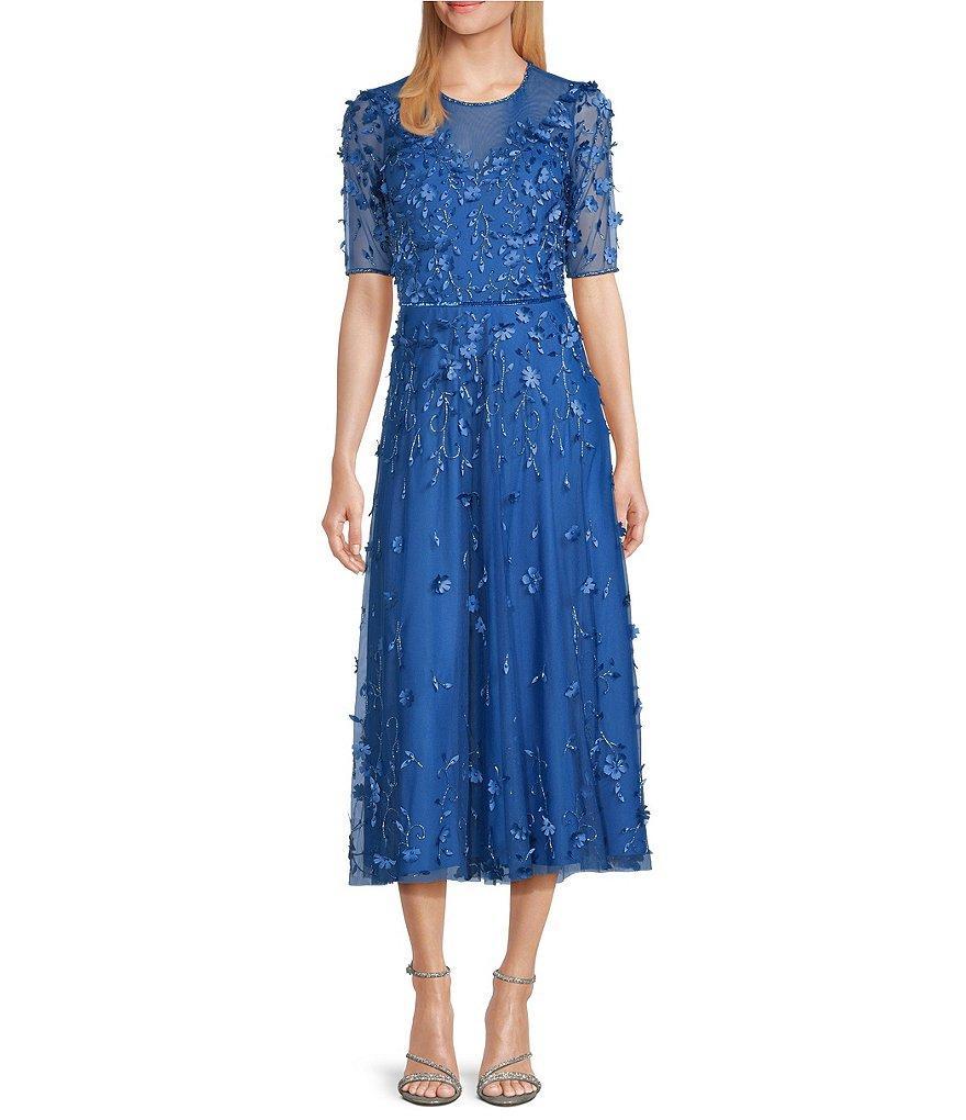 Pisarro Nights 3D Floral Beaded Short Sleeve Illusion Crew Neck Dress Product Image