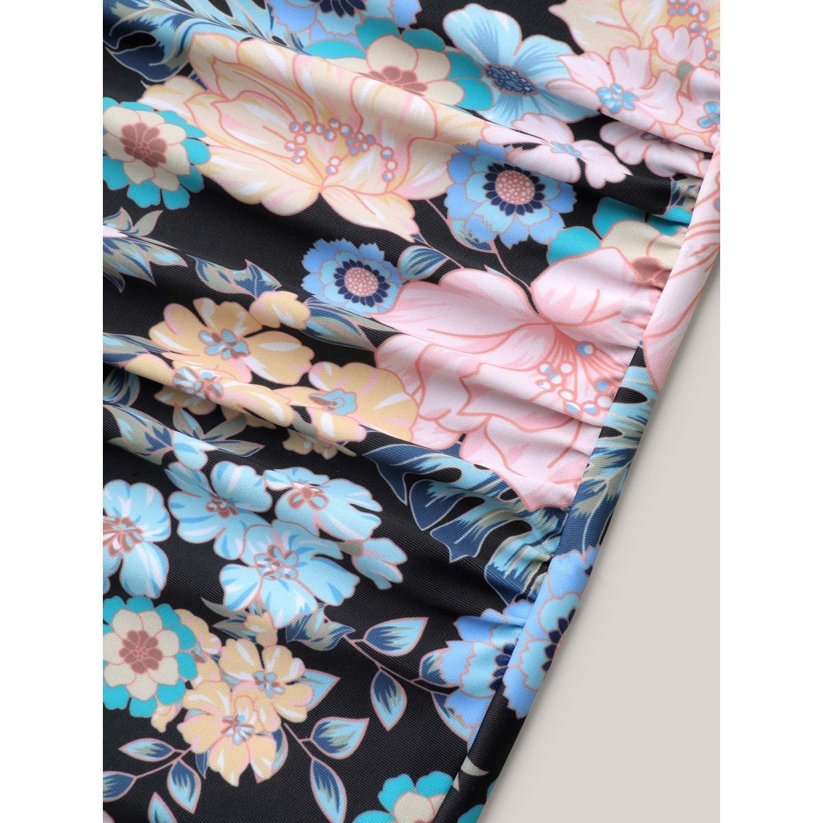 Plus Size Floral Print Drawstring One-Piece Swimsuit Women's Swimwear Black Beach Drawstring Curve Bathing Suits High stretch One Pieces BloomChic 18-20/2X Product Image