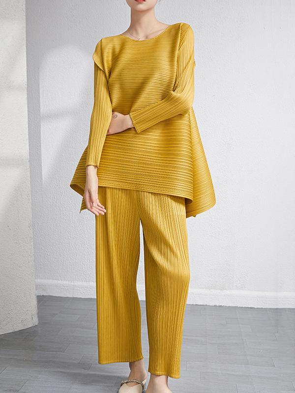 Loose Pleated Solid Color High-Low Round-Neck T-Shirts  + Pants Two Pieces Set Product Image