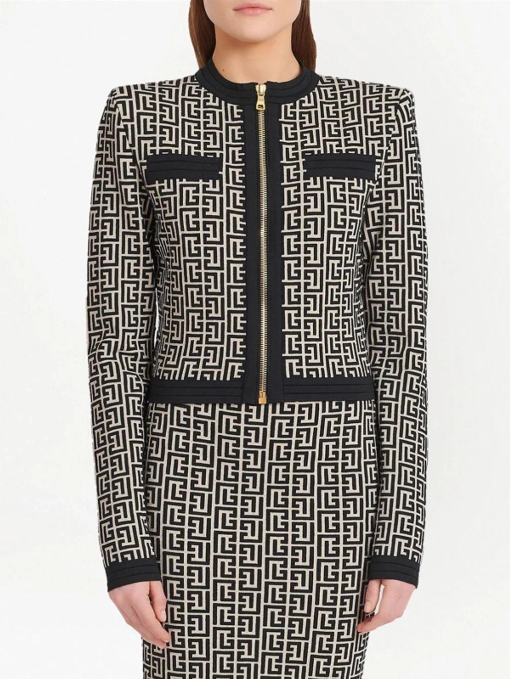 BALMAIN Monogram-pattern Cropped Jacket In Avorio/nero Product Image