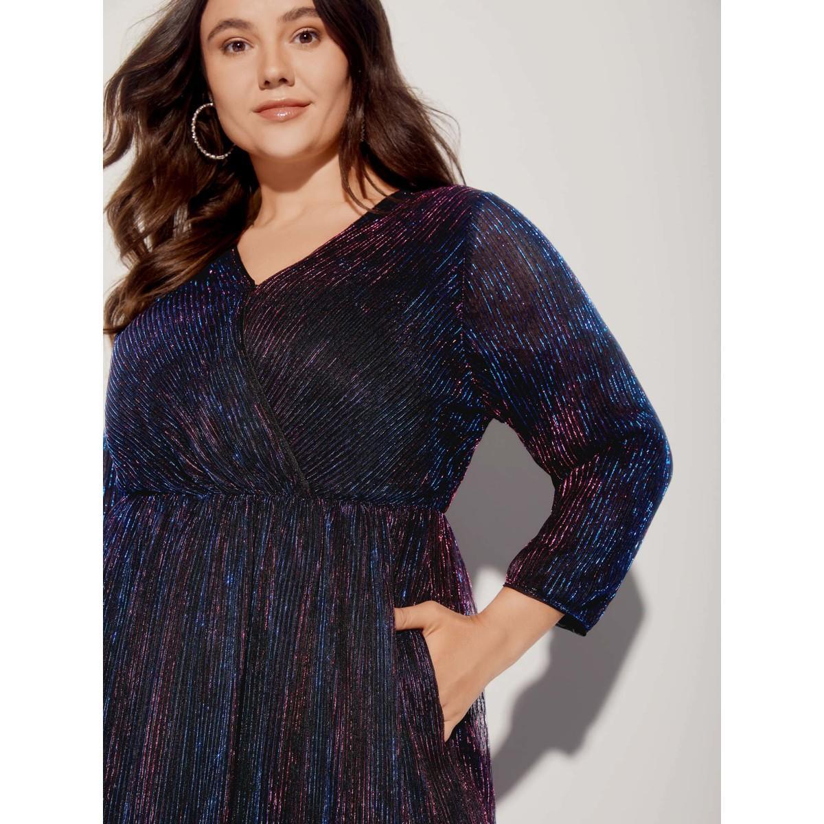 Plus Size Luxe Mesh Pleated Elastic Waist Wrap Dress Blackcurrant Women Party Texture Overlap Collar Elbow-length sleeve Curvy Midi Dress BloomChic 30/6X Product Image