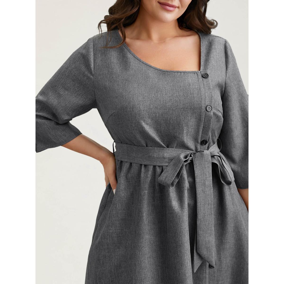 Plus Size Asymmetrical Neckline Belted Pockets Midi Dress DarkGray Women At the Office Belted Asymmetrical Neck Elbow-length sleeve Curvy BloomChic 28/5X Product Image