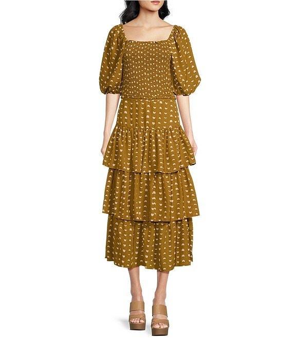 Skies Are Blue Chiffon Dotted Print Square Neck Short Puff Sleeve Coordinating Cropped Top Product Image