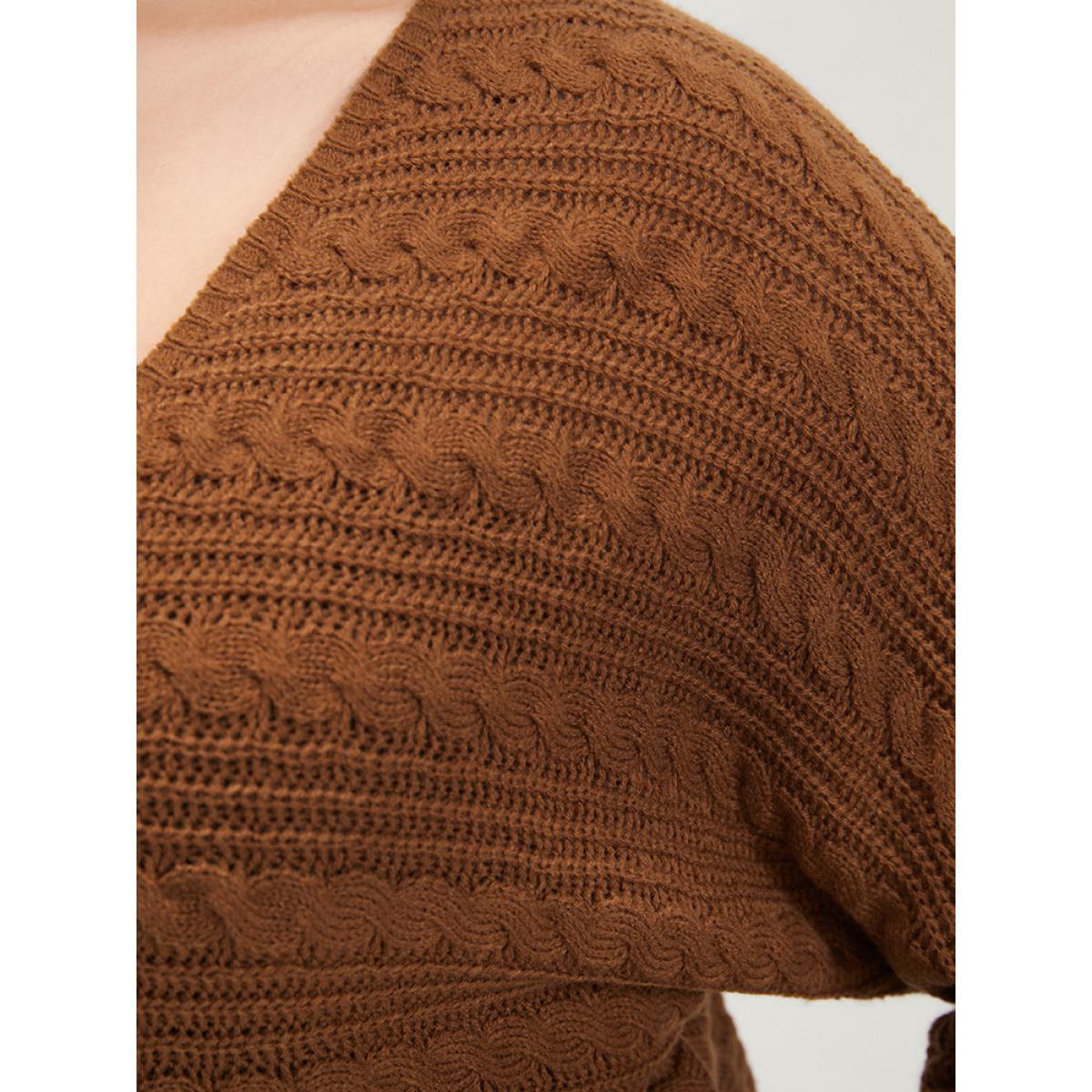 Plus Size Solid Pointelle Knit Dolman Sleeve Surplice Neck Knit Top Bronze Women Casual Loose Long Sleeve V-neck Dailywear Pullovers BloomChic 28/5X Product Image