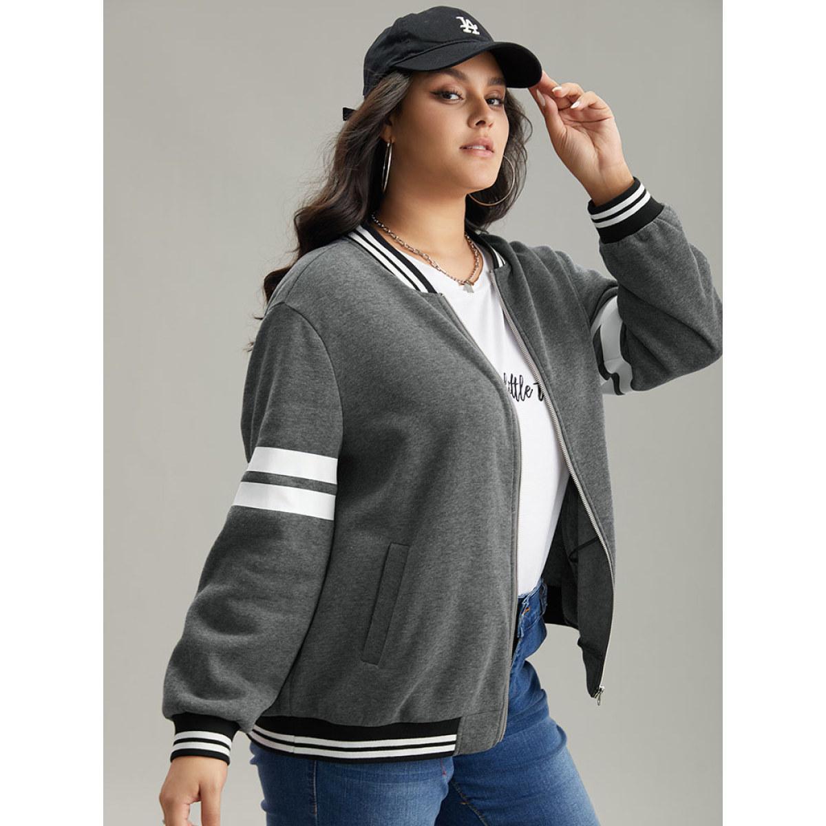 Plus Size Striped Patchwork Contrast Pocket Zipper Bomber Jacket Women DimGray Elastic cuffs Pocket Dailywear Jackets BloomChic 26/4X Product Image