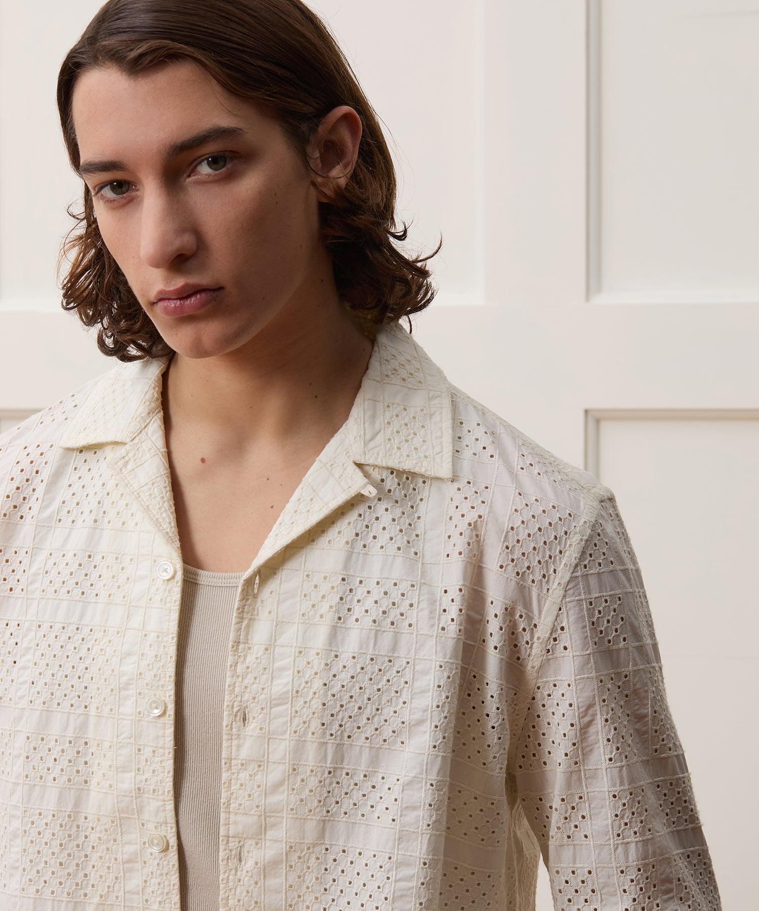 Cropped Embroidered Eyelet Camp Collar Shirt Product Image