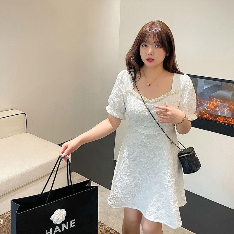 Puff-Sleeve Sweetheart-Neckline Faux Pearl Shirred Midi A-Line Dress (Various Designs) Product Image