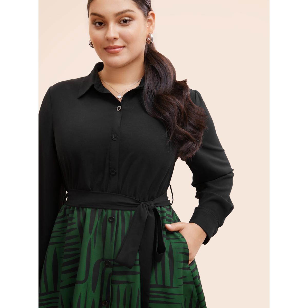 Plus Size Geometric Patchwork Button Up Belted Dress Black Women At the Office Belted Shirt collar Long Sleeve Curvy BloomChic 10/M Product Image