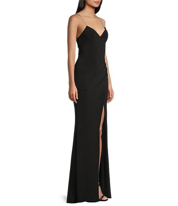 Midnight Doll V-Neck Rhinestone Spaghetti Strap Side Slit Lace Up Back Dress Product Image